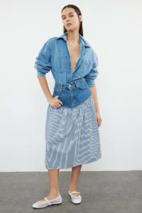 TRENDYOLMiLLA Multicolored Striped Color Blocked High Waist Midi Denim Skirt - Image 3