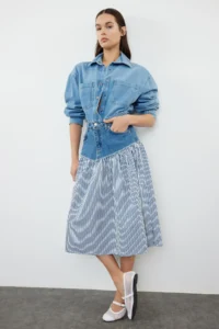 TRENDYOLMiLLA Multicolored Striped Color Blocked High Waist Midi Denim Skirt - Image 4