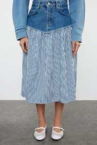 TRENDYOLMiLLA Multicolored Striped Color Blocked High Waist Midi Denim Skirt - Image 5