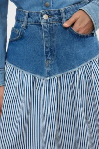 TRENDYOLMiLLA Multicolored Striped Color Blocked High Waist Midi Denim Skirt - Image 6