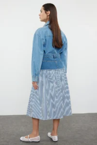 TRENDYOLMiLLA Multicolored Striped Color Blocked High Waist Midi Denim Skirt - Image 7