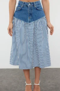 TRENDYOLMiLLA Multicolored Striped Color Blocked High Waist Midi Denim Skirt - Image 8