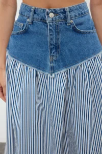 TRENDYOLMiLLA Multicolored Striped Color Blocked High Waist Midi Denim Skirt - Image 9
