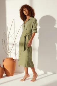 TRENDYOLMiLLA Green 100% Linen tied up Midi Skirt