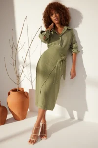 TRENDYOLMiLLA Green 100% Linen tied up Midi Skirt - Image 2