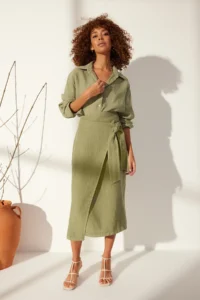 TRENDYOLMiLLA Green 100% Linen tied up Midi Skirt - Image 3