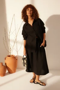 TRENDYOLMiLLA Black 100% Linen Elastic Waist Midi Skirt