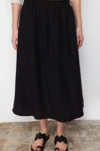 TRENDYOLMiLLA Black 100% Linen Elastic Waist Midi Skirt - Image 10