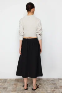 TRENDYOLMiLLA Black 100% Linen Elastic Waist Midi Skirt - Image 12