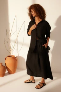 TRENDYOLMiLLA Black 100% Linen Elastic Waist Midi Skirt - Image 2