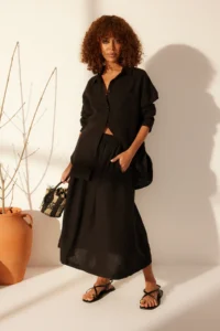 TRENDYOLMiLLA Black 100% Linen Elastic Waist Midi Skirt - Image 3