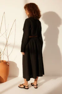 TRENDYOLMiLLA Black 100% Linen Elastic Waist Midi Skirt - Image 6