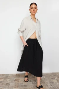 TRENDYOLMiLLA Black 100% Linen Elastic Waist Midi Skirt - Image 7
