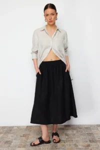 TRENDYOLMiLLA Black 100% Linen Elastic Waist Midi Skirt - Image 8