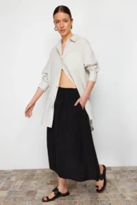 TRENDYOLMiLLA Black 100% Linen Elastic Waist Midi Skirt - Image 9