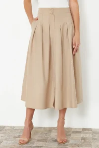 TRENDYOLMiLLA Beige Pleated Detailed Front Slit Midi Size Weaving Skirt - Image 2