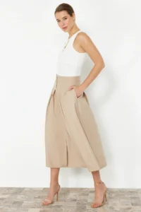 TRENDYOLMiLLA Beige Pleated Detailed Front Slit Midi Size Weaving Skirt - Image 3