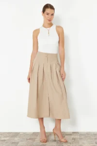 TRENDYOLMiLLA Beige Pleated Detailed Front Slit Midi Size Weaving Skirt - Image 4