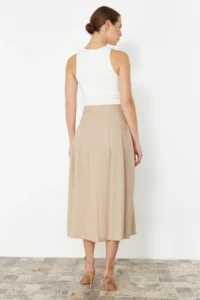 TRENDYOLMiLLA Beige Pleated Detailed Front Slit Midi Size Weaving Skirt - Image 6
