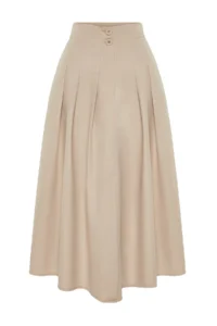 TRENDYOLMiLLA Beige Pleated Detailed Front Slit Midi Size Weaving Skirt - Image 7