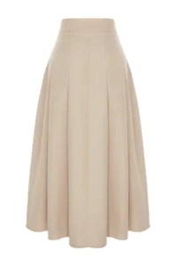 TRENDYOLMiLLA Beige Pleated Detailed Front Slit Midi Size Weaving Skirt - Image 8