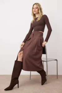 TRENDYOLMiLLA Dark Brown Pleated Detailed Front Slit Midi Size Weaving Skirt - Image 2