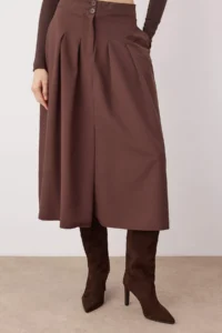 TRENDYOLMiLLA Dark Brown Pleated Detailed Front Slit Midi Size Weaving Skirt - Image 3