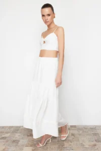 TRENDYOLMiLLA Ecru Skirt Ucu Lace Detailed linen look flared Maxi Weaving Skirt - Image 2