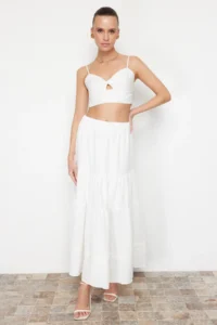 TRENDYOLMiLLA Ecru Skirt Ucu Lace Detailed linen look flared Maxi Weaving Skirt - Image 3