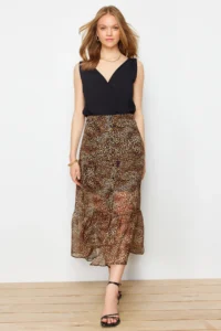 TRENDYOLMiLLA Multicolored Leopard Patterned Siphon Material Midi Size Weaving Skirt