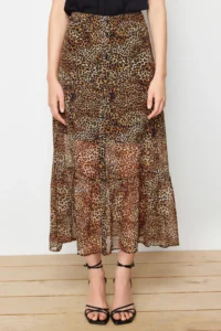 TRENDYOLMiLLA Multicolored Leopard Patterned Siphon Material Midi Size Weaving Skirt - Image 4