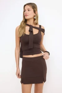 TRENDYOLMİLLA Dark Brown slit A-line/Life Opening Flexible Knitting Mini Shorts Skirt - Image 2