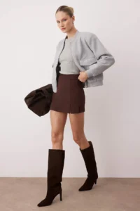TRENDYOLMİLLA Dark Brown slit A-line/Life Opening Flexible Knitting Mini Shorts Skirt - Image 5