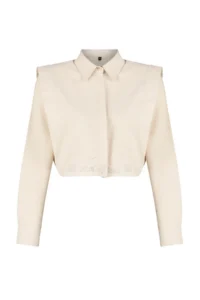 TRENDYOLMİLLA Beige Sleeves Padded Stone Crop Weaving Shirt - Image 7