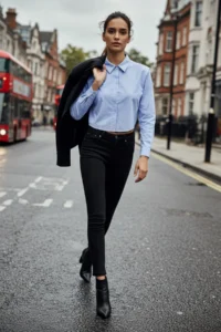 TRENDYOLMİLLA Mavi Sleeves Padded Stone Crop Weaving Shirt - Image 5
