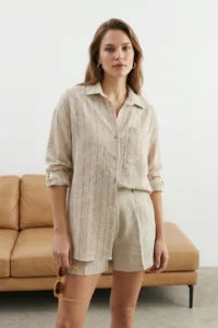 TRENDYOLMİLLA Beige Striped Oversized linen look Weaving Shirt