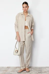 TRENDYOLMİLLA Beige Striped Oversized linen look Weaving Shirt - Image 2
