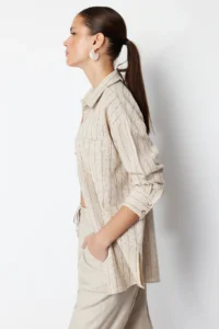 TRENDYOLMİLLA Beige Striped Oversized linen look Weaving Shirt - Image 3