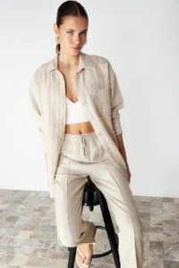 TRENDYOLMİLLA Beige Striped Oversized linen look Weaving Shirt - Image 4