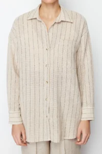 TRENDYOLMİLLA Beige Striped Oversized linen look Weaving Shirt - Image 5