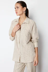 TRENDYOLMİLLA Beige Striped Oversized linen look Weaving Shirt - Image 6