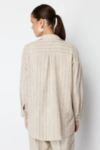 TRENDYOLMİLLA Beige Striped Oversized linen look Weaving Shirt - Image 7