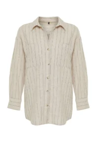 TRENDYOLMİLLA Beige Striped Oversized linen look Weaving Shirt - Image 8