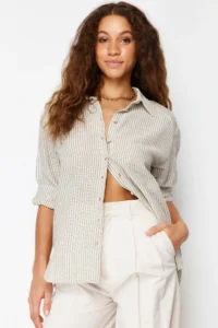 TRENDYOLMİLLA Green Striped Oversized linen look Weaving Shirt