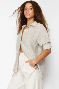 TRENDYOLMİLLA Green Striped Oversized linen look Weaving Shirt - Image 2
