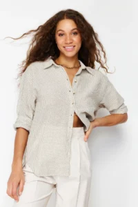 TRENDYOLMİLLA Green Striped Oversized linen look Weaving Shirt - Image 3