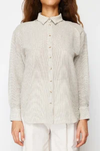 TRENDYOLMİLLA Green Striped Oversized linen look Weaving Shirt - Image 5
