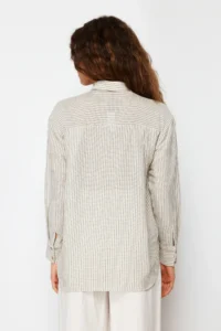 TRENDYOLMİLLA Green Striped Oversized linen look Weaving Shirt - Image 6