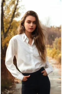 TRENDYOLMİLLA Ecru Front Stone Detailed Regular Normal Pattern Weaving Shirt - Image 10