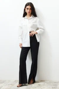 TRENDYOLMİLLA Ecru Front Stone Detailed Regular Normal Pattern Weaving Shirt - Image 3
